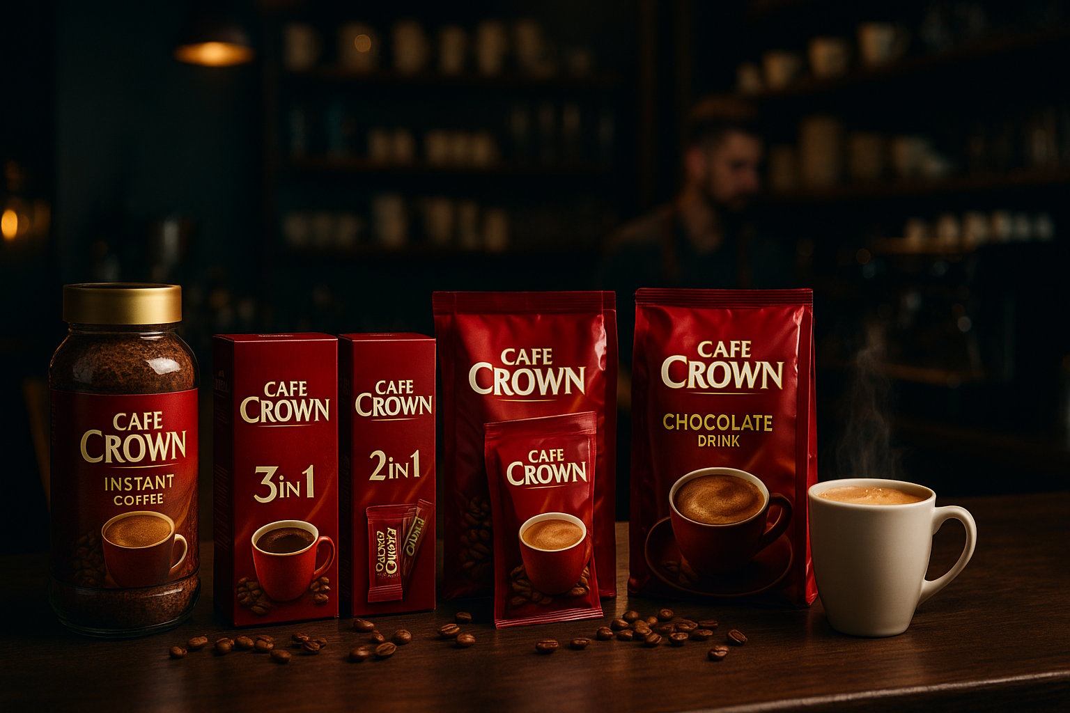 Cafe Crown επαγγελματικές συσκευασίες καφέ σε bar counter